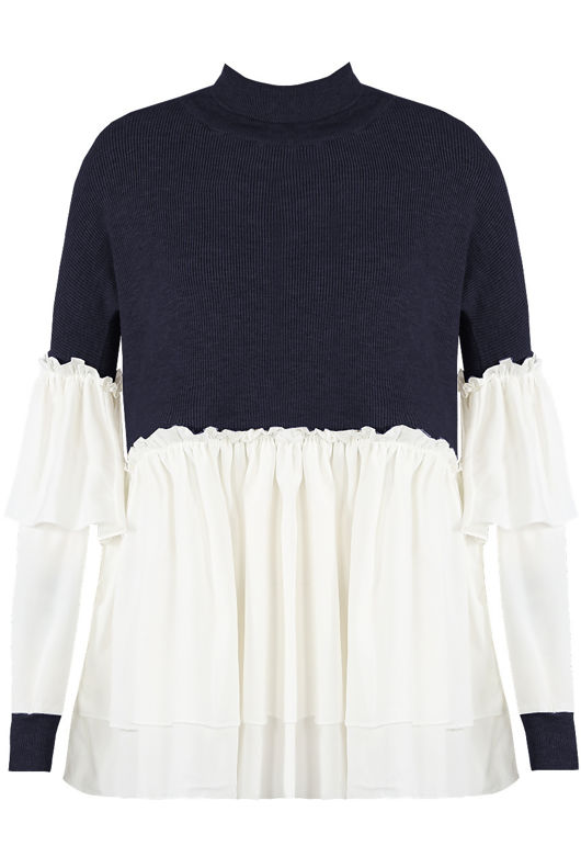 Navy Ribbed High Neck Tier Sleeve Jumper With Gatherings