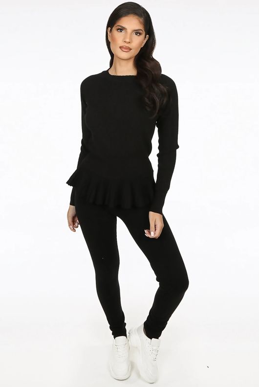 Black Fine Knit Loungewear Two Piece Set