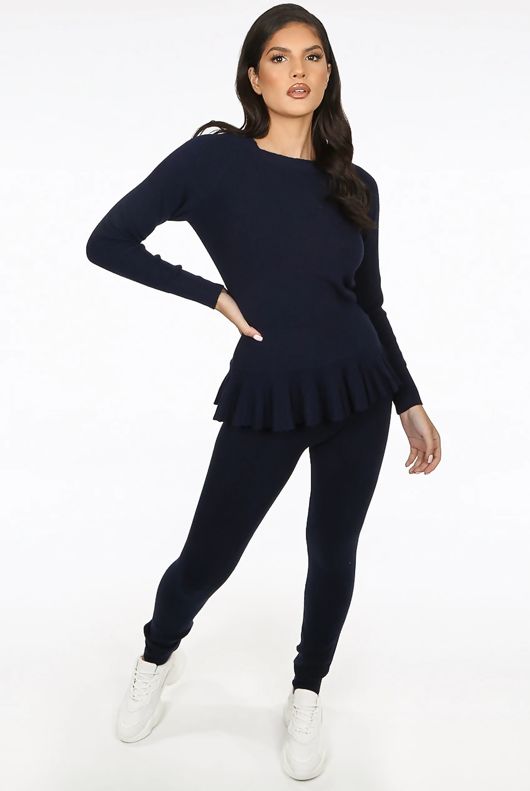 Navy Fine Knit Loungewear Two Piece Set