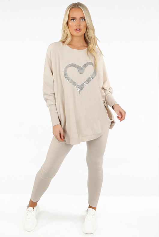 Sequin Heart Embellished Jumper & Trouser Set