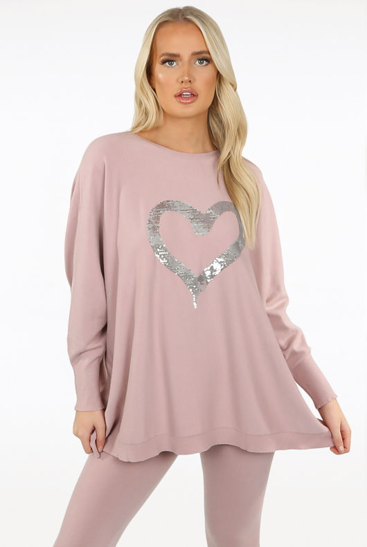 Sequin Heart Embellished Jumper & Trouser Set
