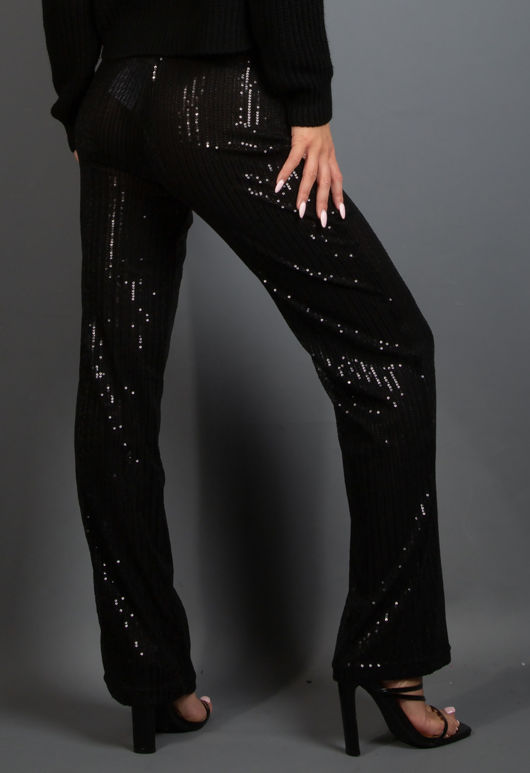 Black Sequin Sraight Wide Leg Trousers 