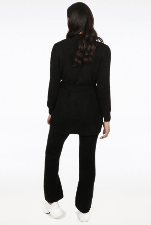 Black Fluffy Knit Cardigan Cami & Trouser Set