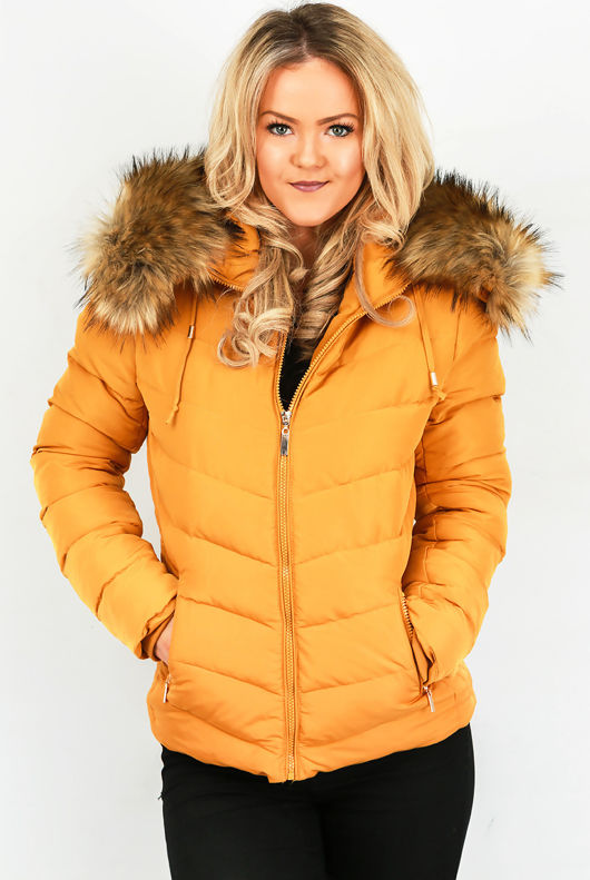 Mustard Zipped Pockets Fur Hood Puffa Jacket