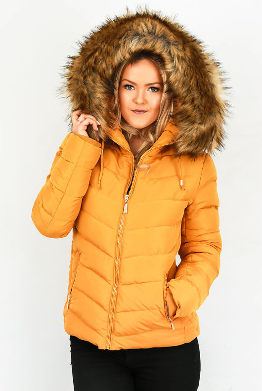 Mustard Zipped Pockets Fur Hood Puffa Jacket