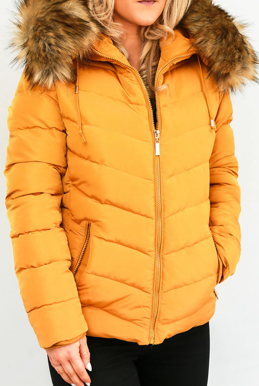 Mustard Zipped Pockets Fur Hood Puffa Jacket