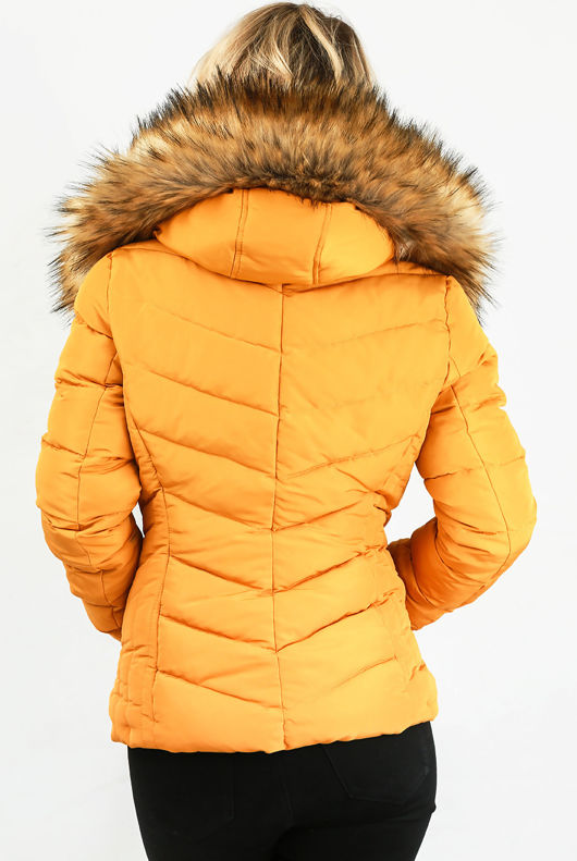 Mustard Zipped Pockets Fur Hood Puffa Jacket