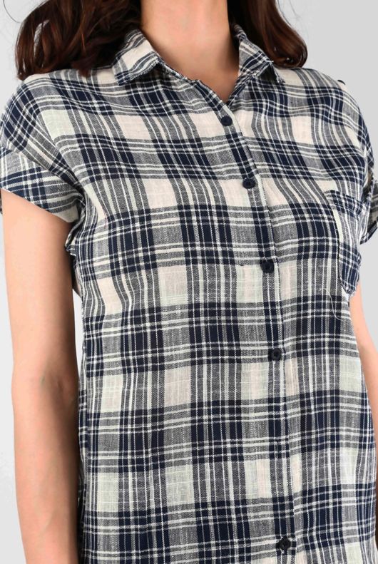 Blue Contrast Tartan Print Roll Up Sleeve Tops