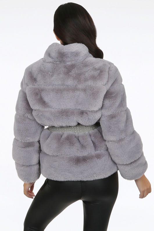 Grey Faux Fur Elastic Waist Band Jacket