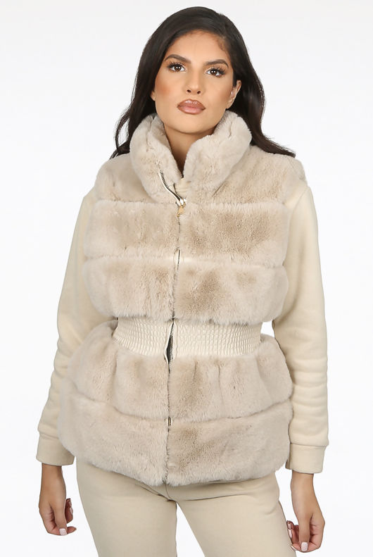Beige Faux Fur Elastic Waist Band Gilet