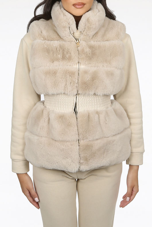 Beige Faux Fur Elastic Waist Band Gilet