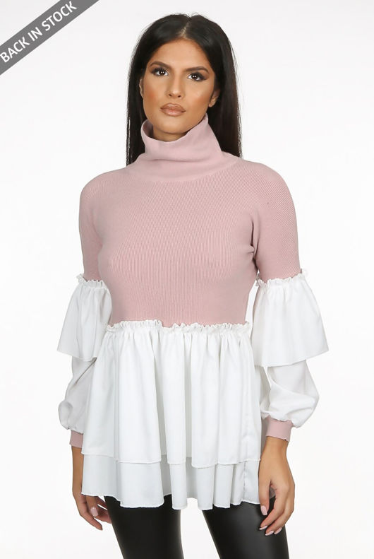 Rose Ribbed High Neck Tier Sleeve Jumper With Gatherings