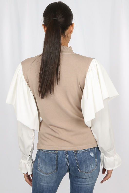 Beige Ribbed High Neck Frill Sleeve Jumper