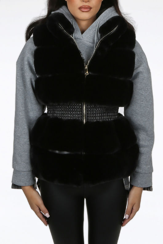 Black Faux Fur Elastic Waist Band Gilet