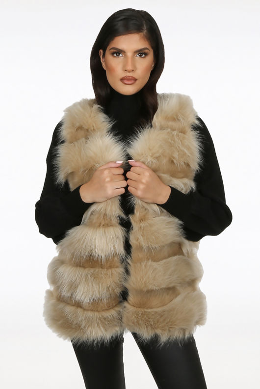 Beige Layered Shaggy Faux Fur Gilet 
