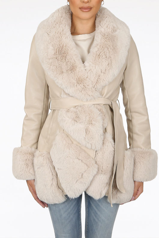 Apricot Faux Leather Fur Trim Coats