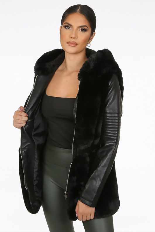 Black PU Sleeves Fur Trim Tie Up Coat