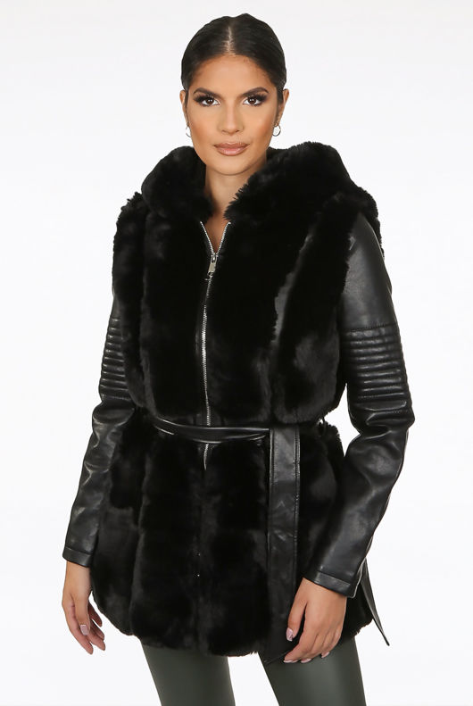 Black PU Sleeves Fur Trim Tie Up Coat