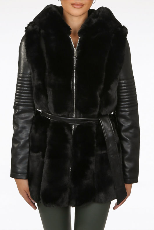 Black PU Sleeves Fur Trim Tie Up Coat