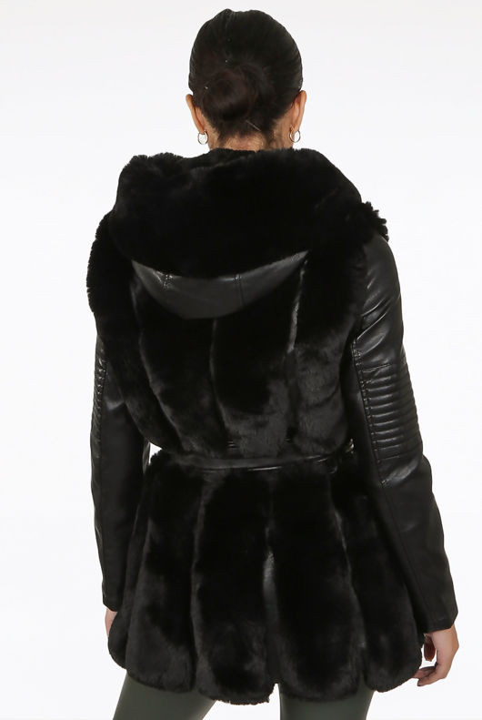 Black PU Sleeves Fur Trim Tie Up Coat