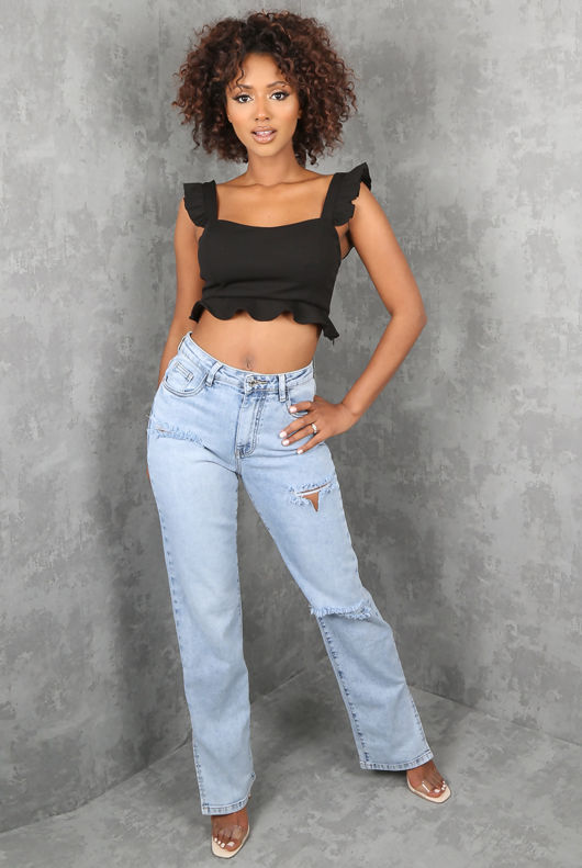 Black Pleated Side Zip Up Crop Tops 