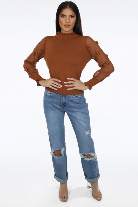 Camel Mesh Sleeves Ribbed Jumper