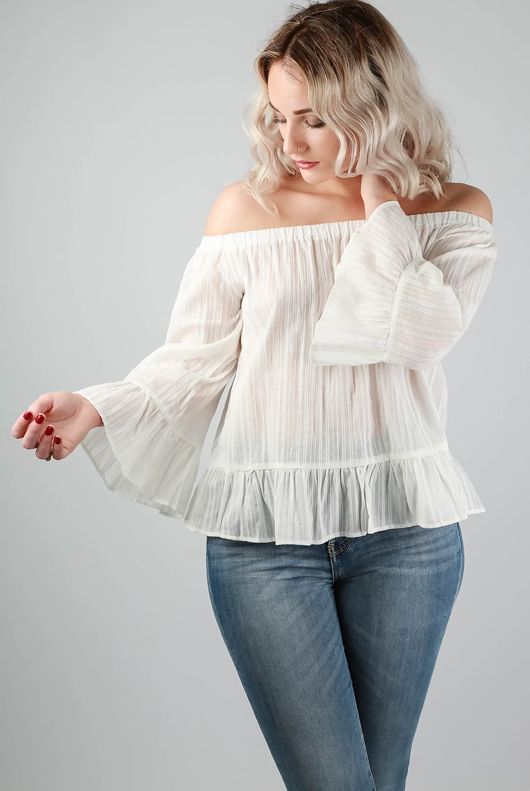 White Off The Shoulder Baggy Sleeve Top