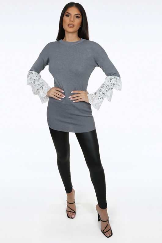Grey Layered Lace Bell Sleeve Jumper 