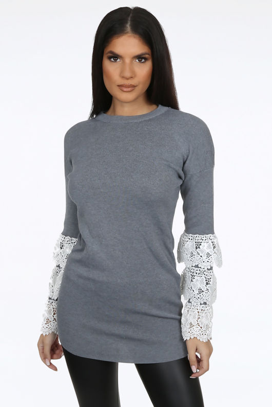 Grey Layered Lace Bell Sleeve Jumper 
