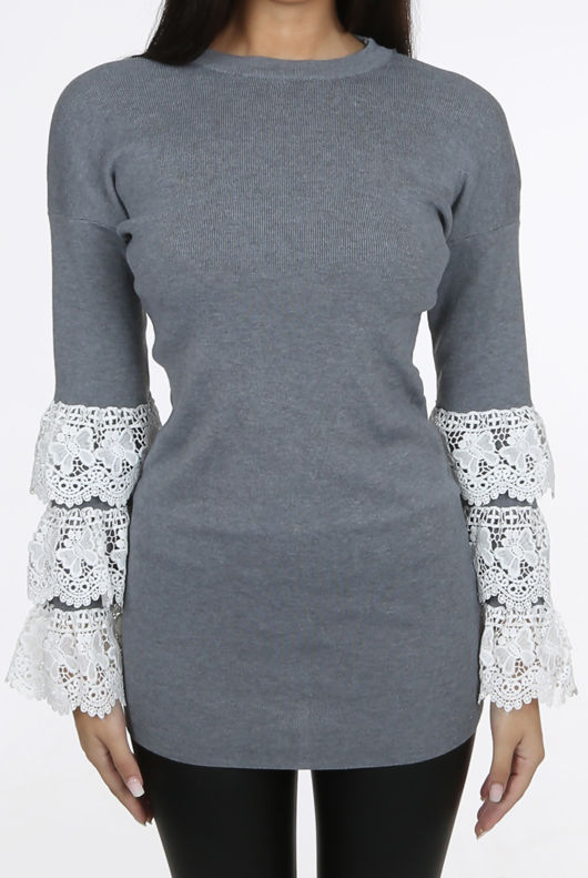 Grey Layered Lace Bell Sleeve Jumper 