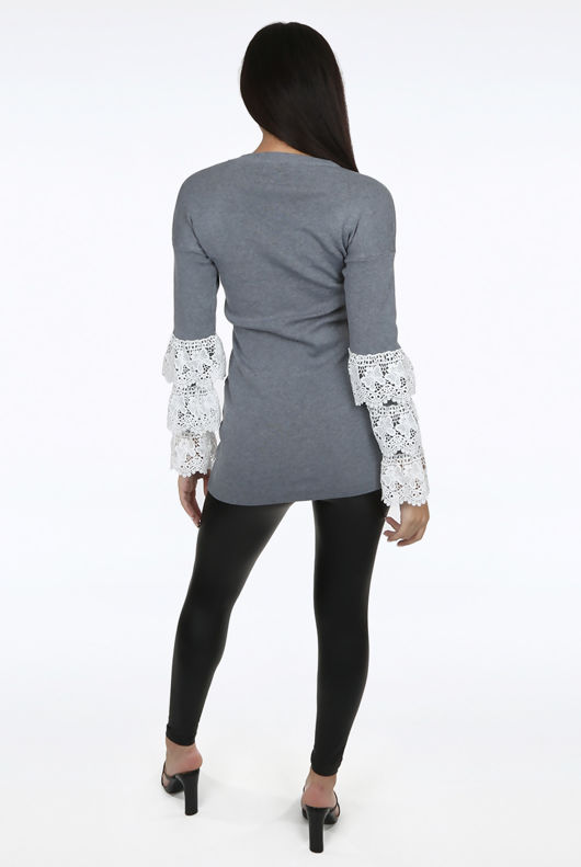 Grey Layered Lace Bell Sleeve Jumper 