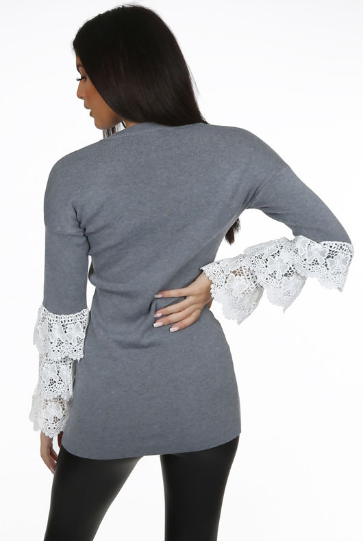 Grey Layered Lace Bell Sleeve Jumper 