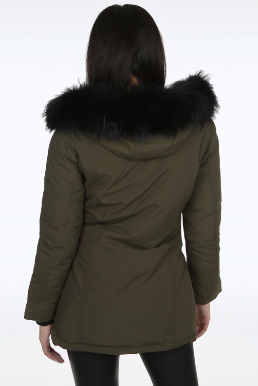 Khaki Padded Lining Fur Hood Parka Coats 