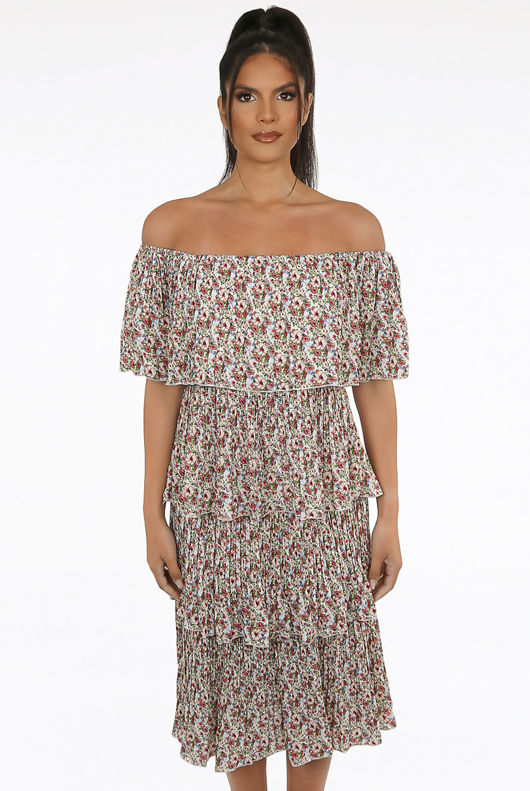 Beige Floral Print Off Shoulder Tier Dress