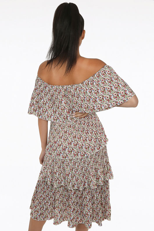 Beige Floral Print Off Shoulder Tier Dress