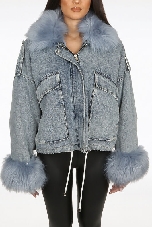 Faux Fur Oversized Washed Denim Jacket