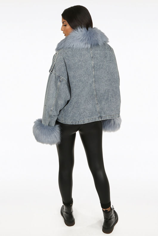 Faux Fur Oversized Washed Denim Jacket
