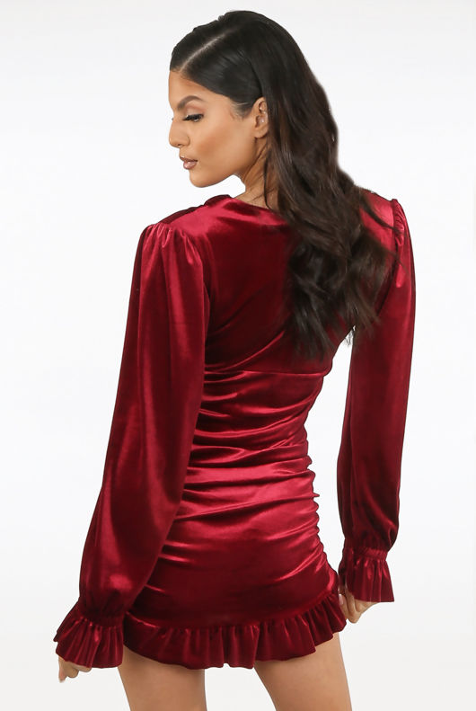 Burgundy Velvet Ruched Side Bodycon Dress