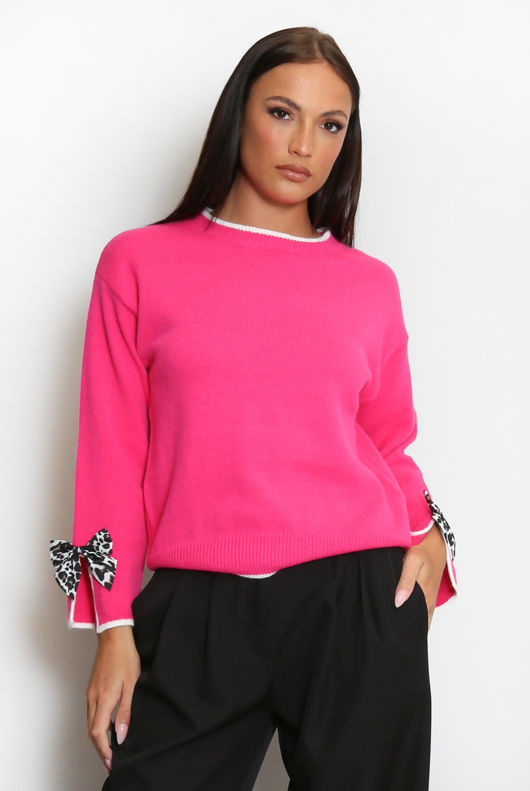 Fuchsia Contrast Knit With Leopard Bow Cuff 