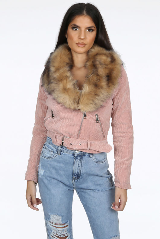 Pink Corduroy Fur Trim Jacket