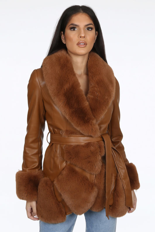 Faux Leather Fur Trim Coats