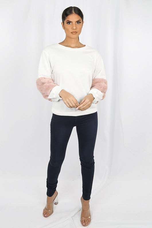 White Pink Fur Patched Sleeves Sweatshirt