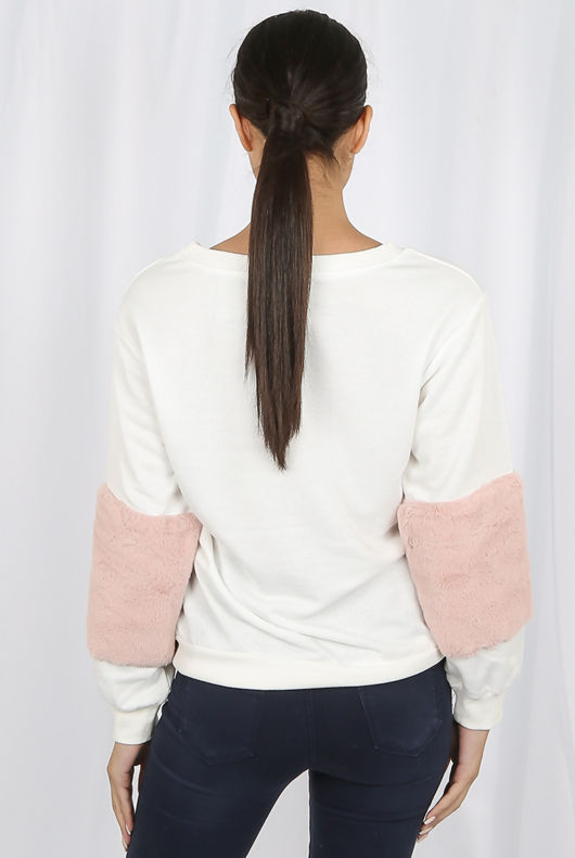White Pink Fur Patched Sleeves Sweatshirt