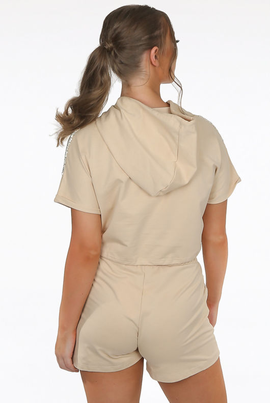 Beige Hooded Sequin Trim Jumper & Sequin Panel Shorts Set 
