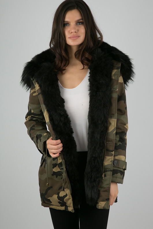 Black Faux Fur Lined Camouflage Hooded Parka Coat