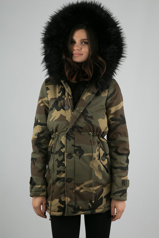 Black Faux Fur Lined Camouflage Hooded Parka Coat