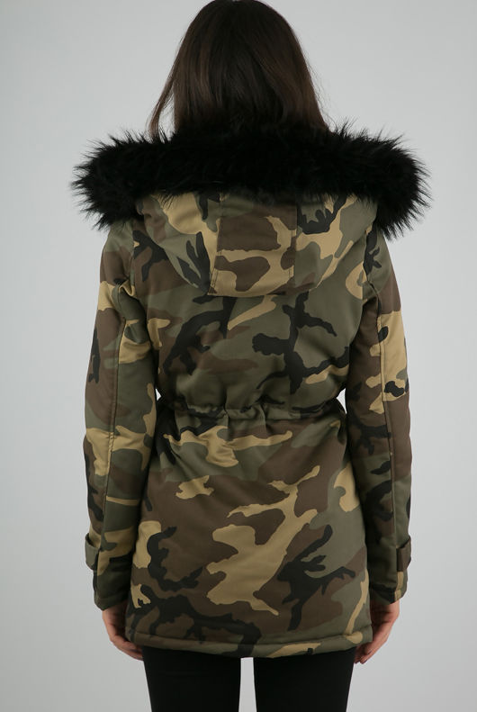 Black Faux Fur Lined Camouflage Hooded Parka Coat