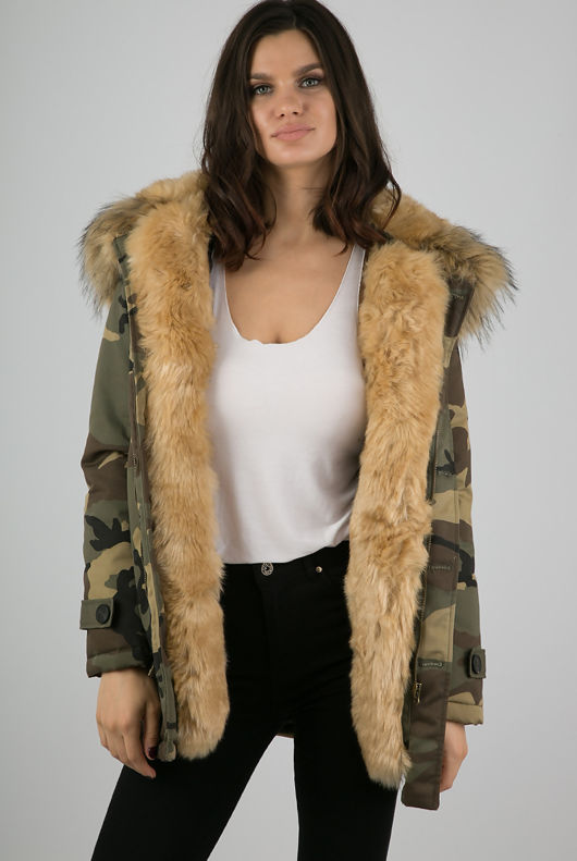 Beige Faux Fur Lined Camouflage Hooded Parka Coat