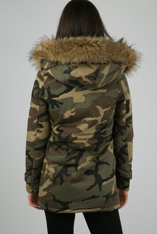 Beige Faux Fur Lined Camouflage Hooded Parka Coat