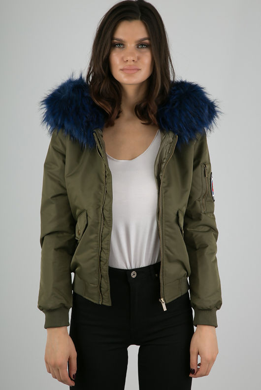 Khaki Fur Hood Military Bomber Jacket